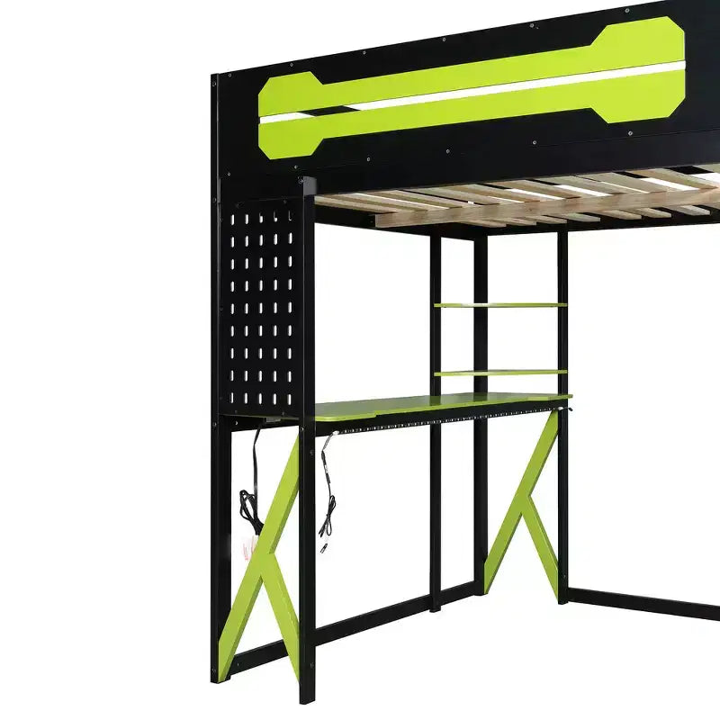 Lit mezzanine en bois massif Whisen avec bureau, étagères, prise de courant et ports USB/Type-C