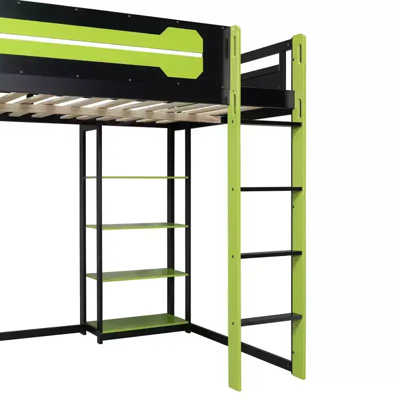 Lit mezzanine en bois massif Whisen avec bureau, étagères, prise de courant et ports USB/Type-C