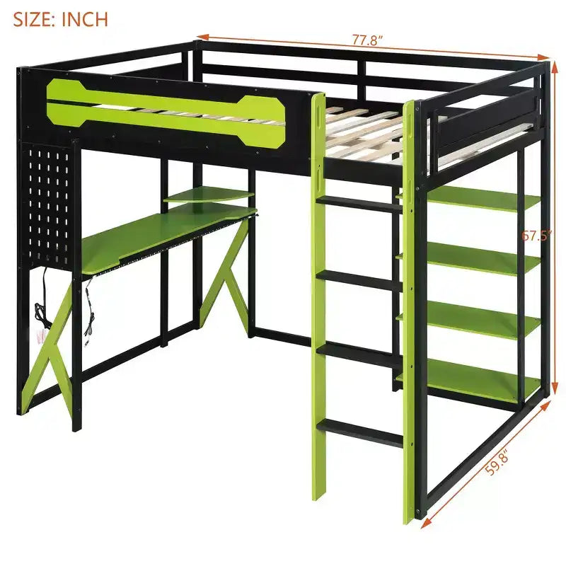 Lit mezzanine en bois massif Whisen avec bureau, étagères, prise de courant et ports USB/Type-C
