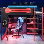 Lit mezzanine en bois massif Whisen avec bureau, étagères, prise de courant et ports USB/Type-C
