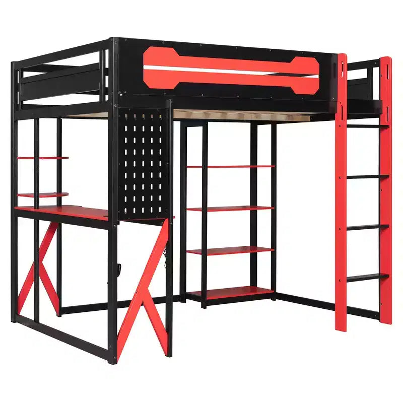 Lit mezzanine en bois massif Whisen avec bureau, étagères, prise de courant et ports USB/Type-C
