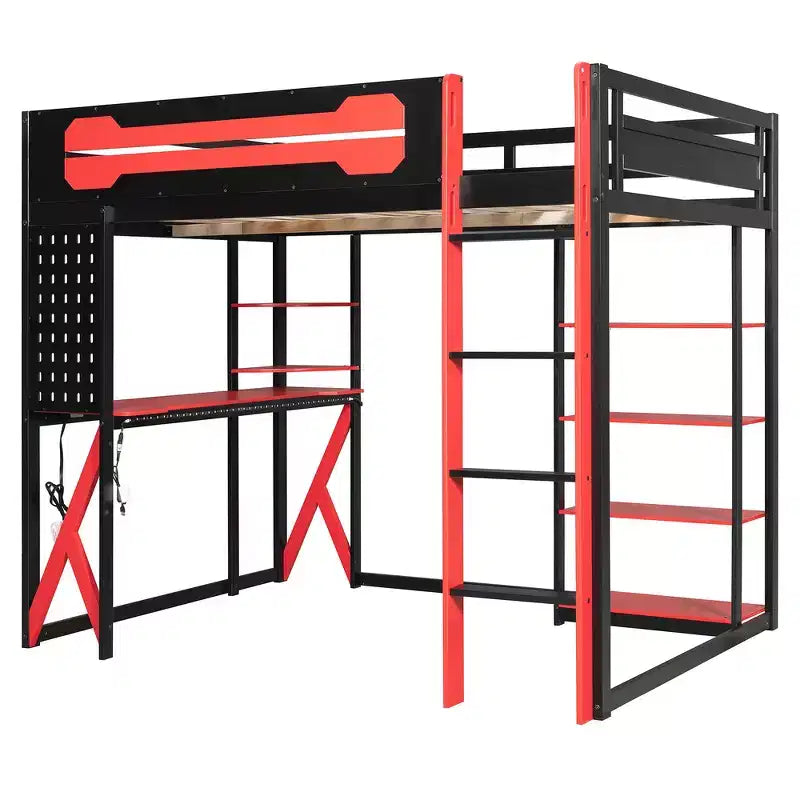 Lit mezzanine en bois massif Whisen avec bureau, étagères, prise de courant et ports USB/Type-C