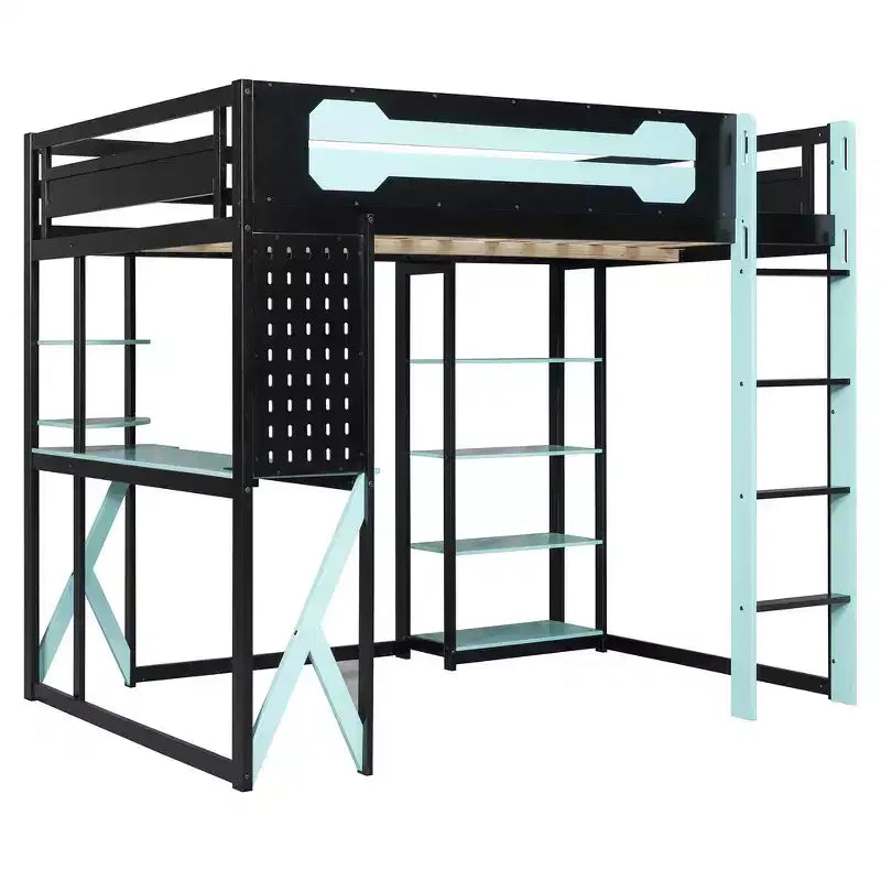 Lit mezzanine en bois massif Whisen avec bureau, étagères, prise de courant et ports USB/Type-C