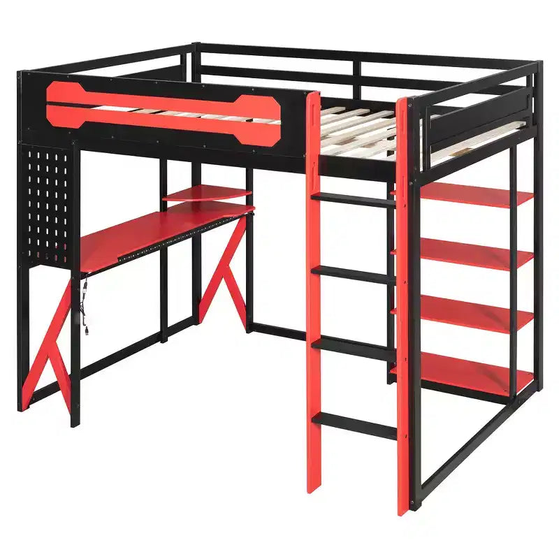 Lit mezzanine en bois massif Whisen avec bureau, étagères, prise de courant et ports USB/Type-C
