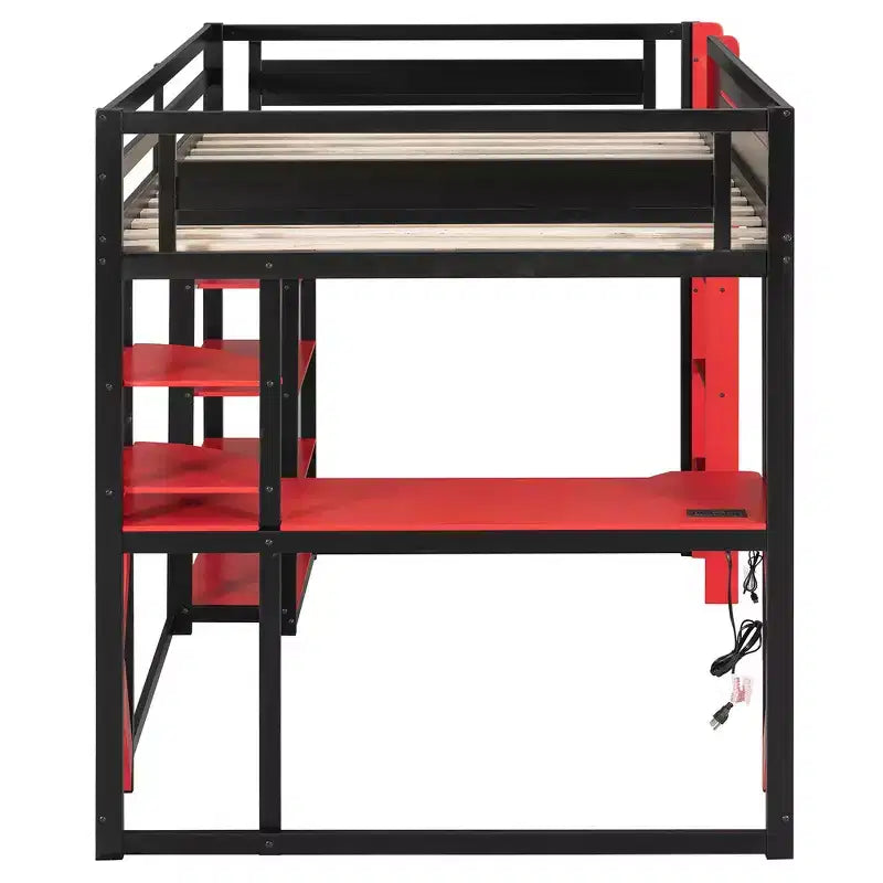 Lit mezzanine en bois massif Whisen avec bureau, étagères, prise de courant et ports USB/Type-C