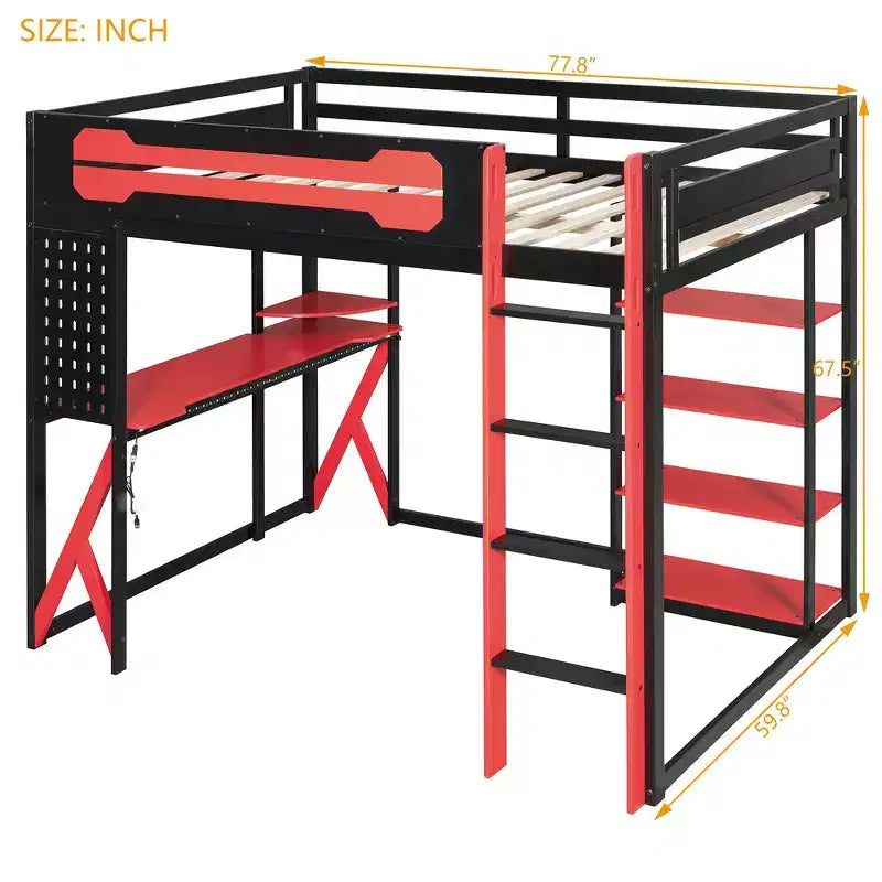 Lit mezzanine en bois massif Whisen avec bureau, étagères, prise de courant et ports USB/Type-C