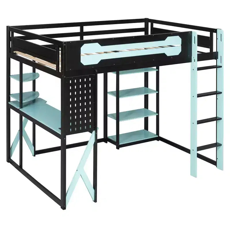 Lit mezzanine en bois massif Whisen avec bureau, étagères, prise de courant et ports USB/Type-C