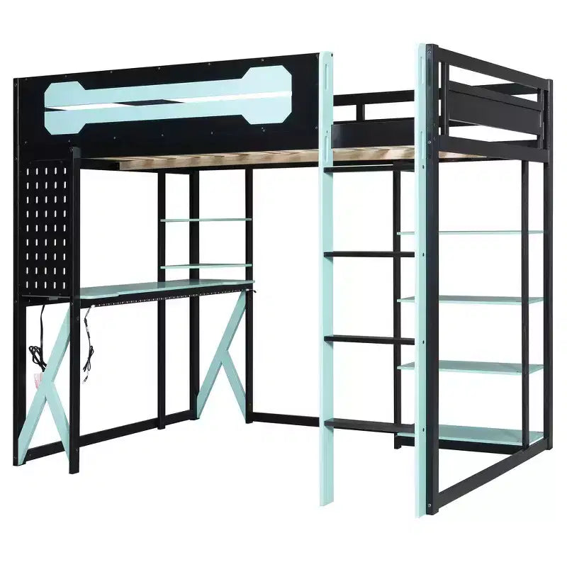Lit mezzanine en bois massif Whisen avec bureau, étagères, prise de courant et ports USB/Type-C