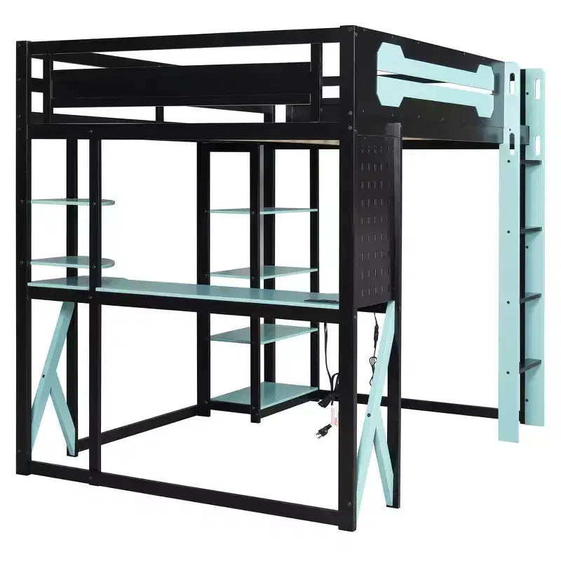 Lit mezzanine en bois massif Whisen avec bureau, étagères, prise de courant et ports USB/Type-C