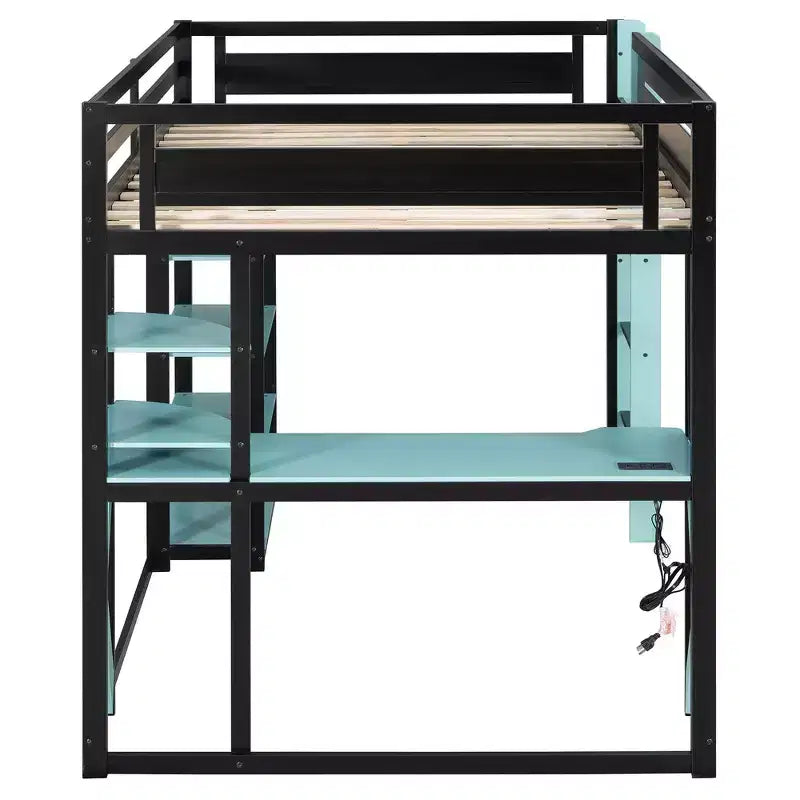 Lit mezzanine en bois massif Whisen avec bureau, étagères, prise de courant et ports USB/Type-C