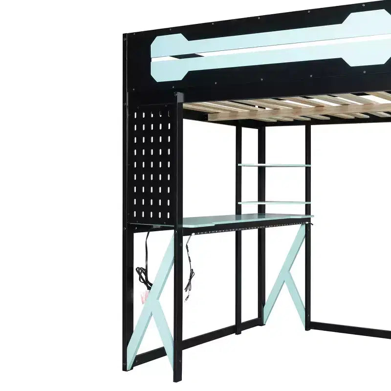 Lit mezzanine en bois massif Whisen avec bureau, étagères, prise de courant et ports USB/Type-C