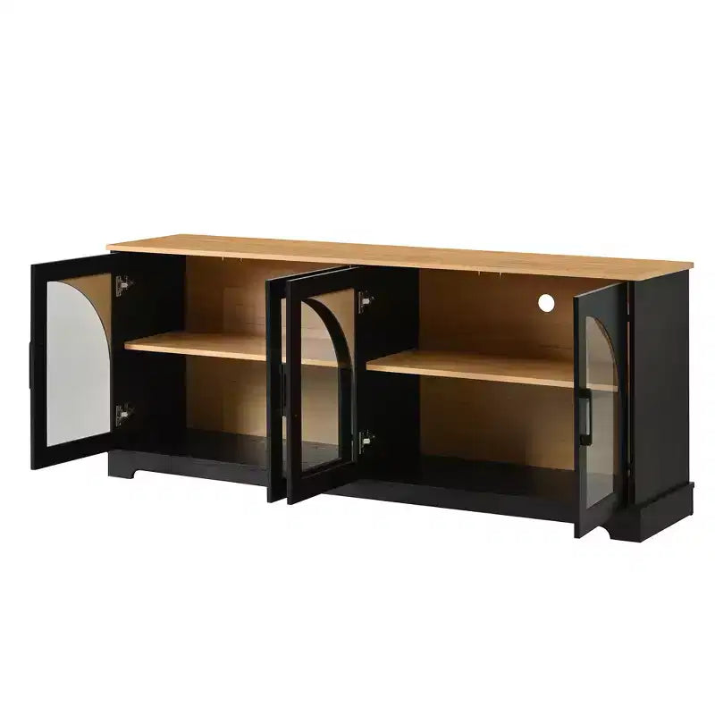 Meuble TV de ferme pour téléviseurs jusqu'à 70 pouces avec portes vitrées semi-cintrées, buffet console multimédia bicolore avec étagères réglables - ModernLuxe