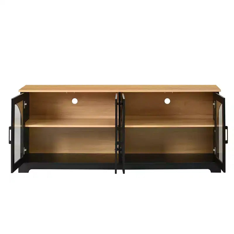 Meuble TV de ferme pour téléviseurs jusqu'à 70 pouces avec portes vitrées semi-cintrées, buffet console multimédia bicolore avec étagères réglables - ModernLuxe