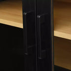 Meuble TV de ferme pour téléviseurs jusqu'à 70 pouces avec portes vitrées semi-cintrées, buffet console multimédia bicolore avec étagères réglables - ModernLuxe