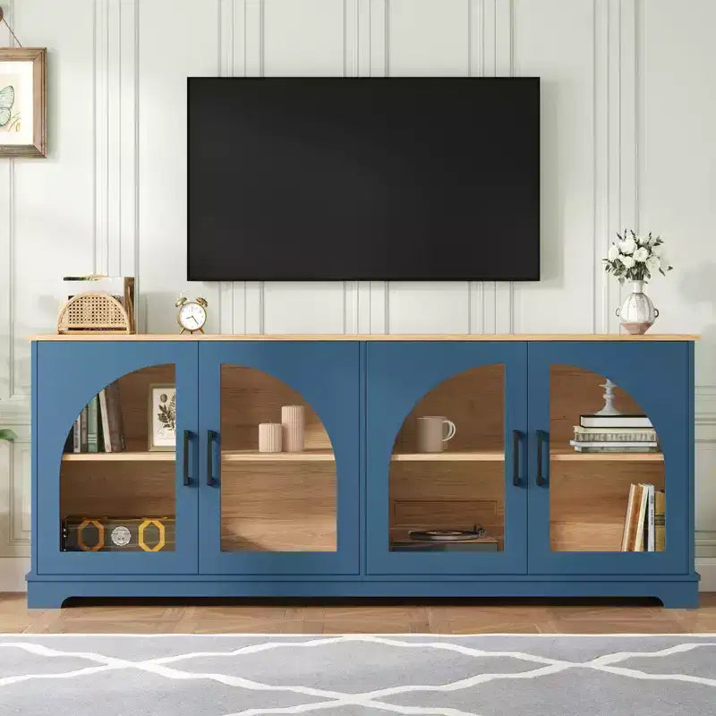 Meuble TV de ferme pour téléviseurs jusqu'à 70 pouces avec portes vitrées semi-cintrées, buffet console multimédia bicolore avec étagères réglables - ModernLuxe