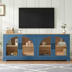 Meuble TV de ferme pour téléviseurs jusqu'à 70 pouces avec portes vitrées semi-cintrées, buffet console multimédia bicolore avec étagères réglables - ModernLuxe