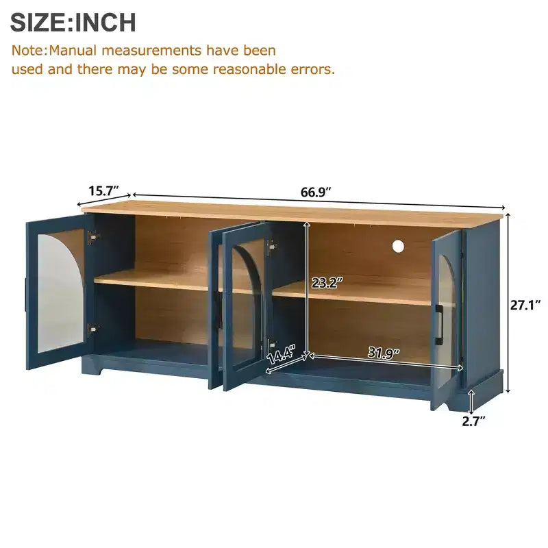 Meuble TV de ferme pour téléviseurs jusqu'à 70 pouces avec portes vitrées semi-cintrées, buffet console multimédia bicolore avec étagères réglables - ModernLuxe