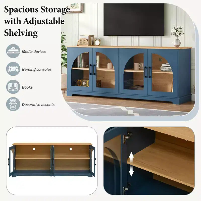 Meuble TV de ferme pour téléviseurs jusqu'à 70 pouces avec portes vitrées semi-cintrées, buffet console multimédia bicolore avec étagères réglables - ModernLuxe
