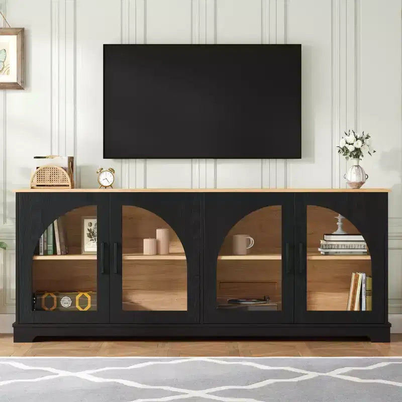 Meuble TV de ferme pour téléviseurs jusqu'à 70 pouces avec portes vitrées semi-cintrées, buffet console multimédia bicolore avec étagères réglables - ModernLuxe