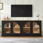 Meuble TV de ferme pour téléviseurs jusqu'à 70 pouces avec portes vitrées semi-cintrées, buffet console multimédia bicolore avec étagères réglables - ModernLuxe