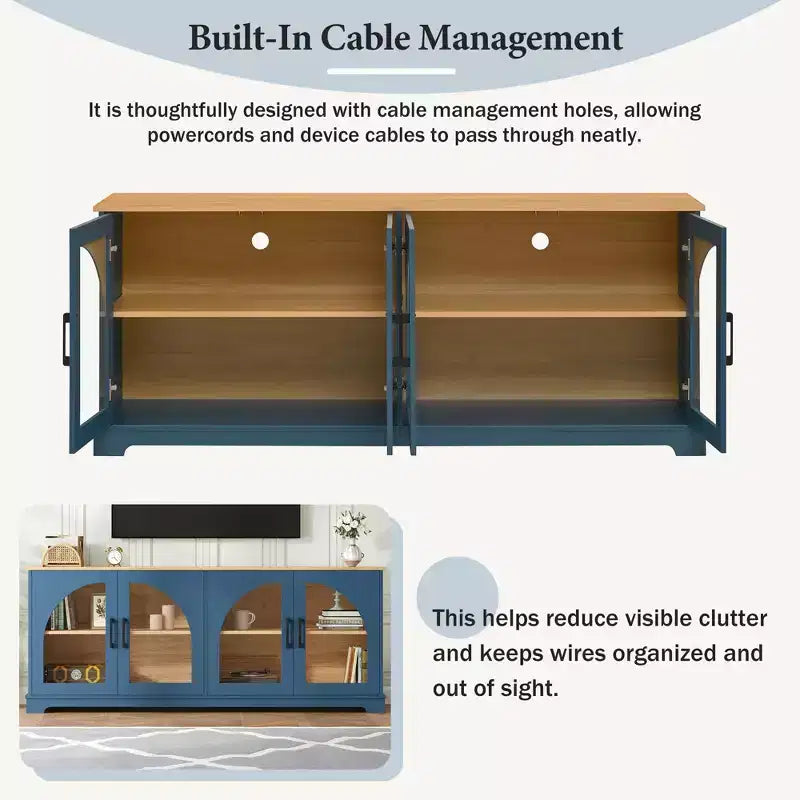 Meuble TV de ferme pour téléviseurs jusqu'à 70 pouces avec portes vitrées semi-cintrées, buffet console multimédia bicolore avec étagères réglables - ModernLuxe
