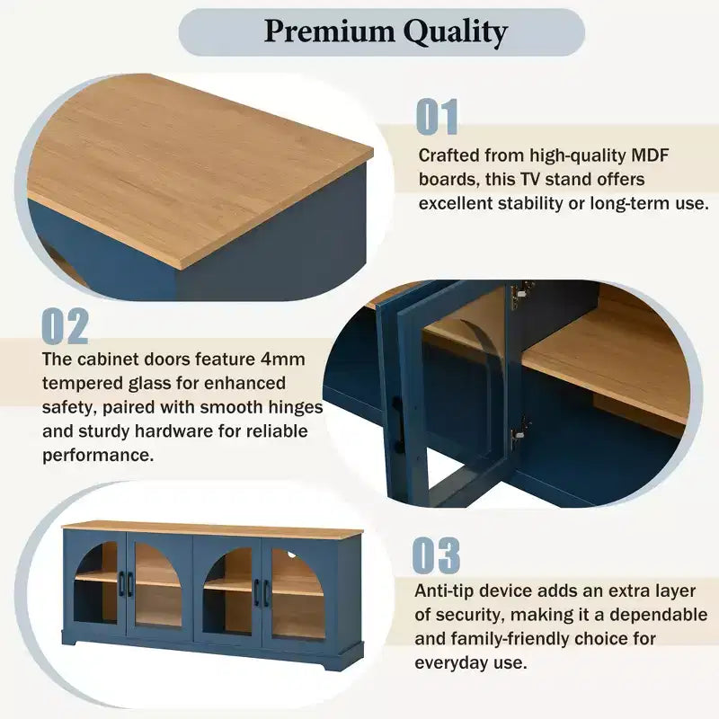 Meuble TV de ferme pour téléviseurs jusqu'à 70 pouces avec portes vitrées semi-cintrées, buffet console multimédia bicolore avec étagères réglables - ModernLuxe