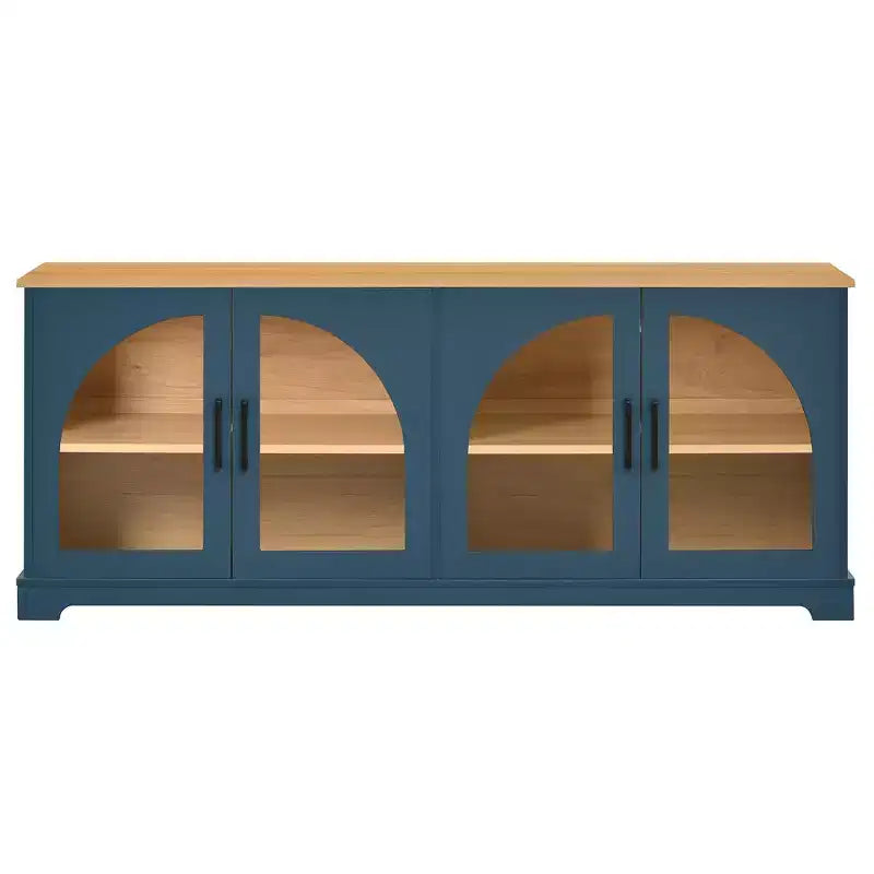 Meuble TV de ferme pour téléviseurs jusqu'à 70 pouces avec portes vitrées semi-cintrées, buffet console multimédia bicolore avec étagères réglables - ModernLuxe