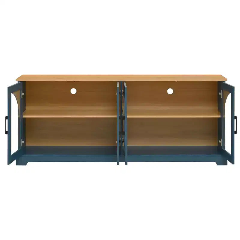 Meuble TV de ferme pour téléviseurs jusqu'à 70 pouces avec portes vitrées semi-cintrées, buffet console multimédia bicolore avec étagères réglables - ModernLuxe