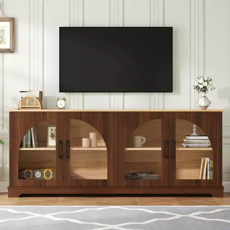 Meuble TV de ferme pour téléviseurs jusqu'à 70 pouces avec portes vitrées semi-cintrées, buffet console multimédia bicolore avec étagères réglables - ModernLuxe
