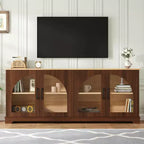 Meuble TV de ferme pour téléviseurs jusqu'à 70 pouces avec portes vitrées semi-cintrées, buffet console multimédia bicolore avec étagères réglables - ModernLuxe