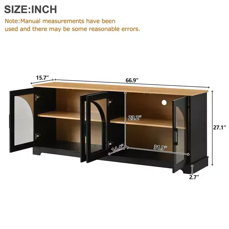 Meuble TV de ferme pour téléviseurs jusqu'à 70 pouces avec portes vitrées semi-cintrées, buffet console multimédia bicolore avec étagères réglables - ModernLuxe