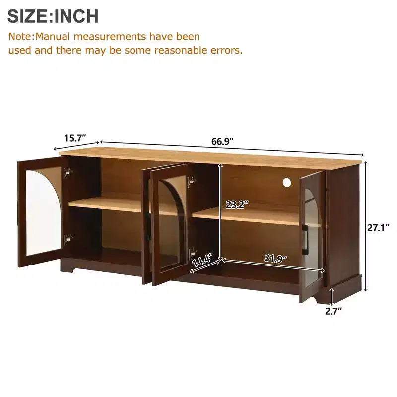 Meuble TV de ferme pour téléviseurs jusqu'à 70 pouces avec portes vitrées semi-cintrées, buffet console multimédia bicolore avec étagères réglables - ModernLuxe