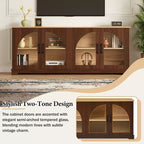 Meuble TV de ferme pour téléviseurs jusqu'à 70 pouces avec portes vitrées semi-cintrées, buffet console multimédia bicolore avec étagères réglables - ModernLuxe