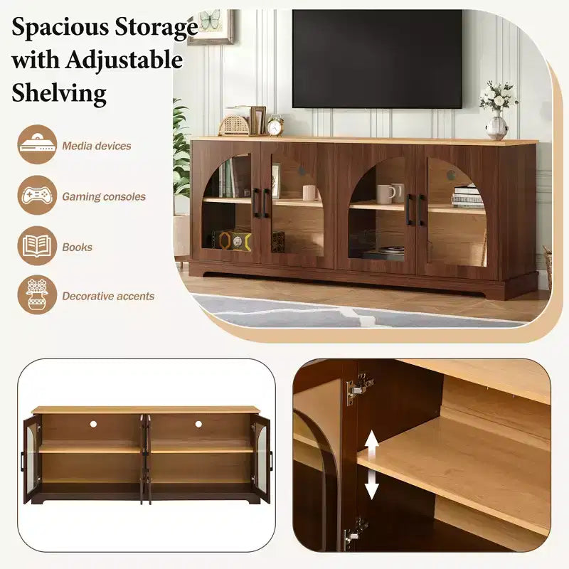 Meuble TV de ferme pour téléviseurs jusqu'à 70 pouces avec portes vitrées semi-cintrées, buffet console multimédia bicolore avec étagères réglables - ModernLuxe