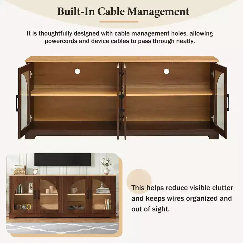 Meuble TV de ferme pour téléviseurs jusqu'à 70 pouces avec portes vitrées semi-cintrées, buffet console multimédia bicolore avec étagères réglables - ModernLuxe