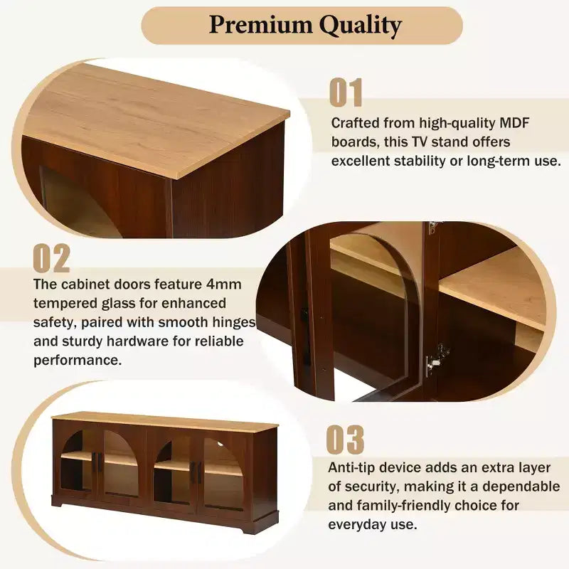 Meuble TV de ferme pour téléviseurs jusqu'à 70 pouces avec portes vitrées semi-cintrées, buffet console multimédia bicolore avec étagères réglables - ModernLuxe