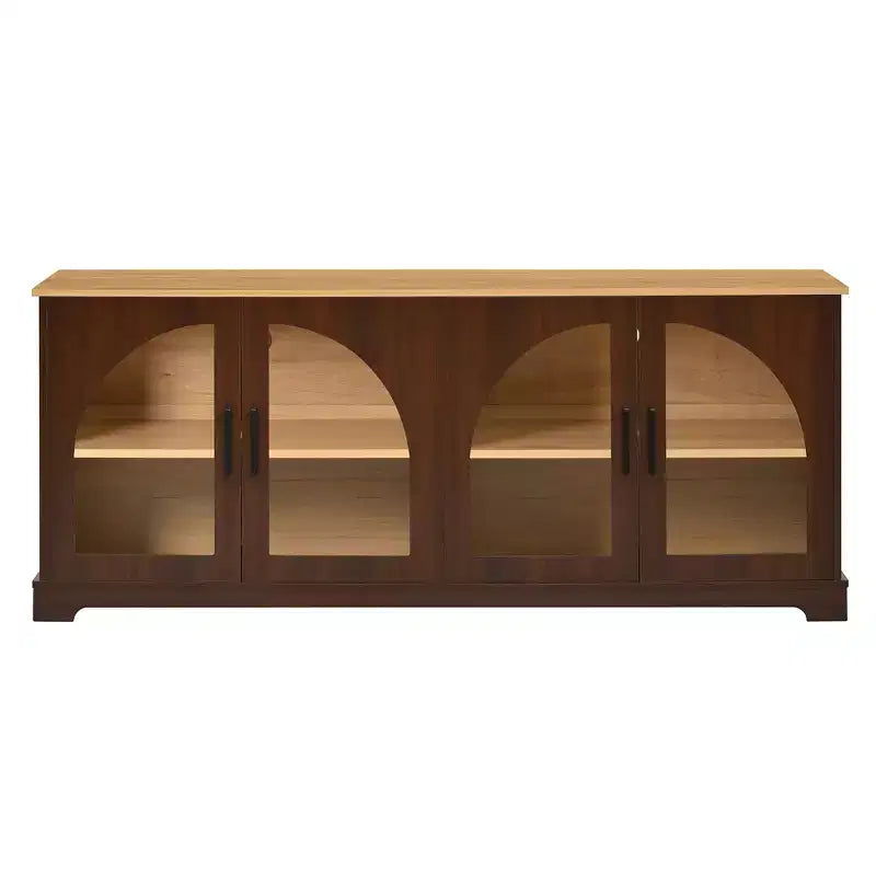 Meuble TV de ferme pour téléviseurs jusqu'à 70 pouces avec portes vitrées semi-cintrées, buffet console multimédia bicolore avec étagères réglables - ModernLuxe