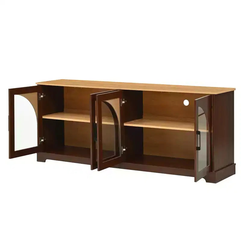 Meuble TV de ferme pour téléviseurs jusqu'à 70 pouces avec portes vitrées semi-cintrées, buffet console multimédia bicolore avec étagères réglables - ModernLuxe