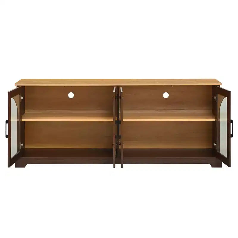 Meuble TV de ferme pour téléviseurs jusqu'à 70 pouces avec portes vitrées semi-cintrées, buffet console multimédia bicolore avec étagères réglables - ModernLuxe
