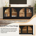 Meuble TV de ferme pour téléviseurs jusqu'à 70 pouces avec portes vitrées semi-cintrées, buffet console multimédia bicolore avec étagères réglables - ModernLuxe
