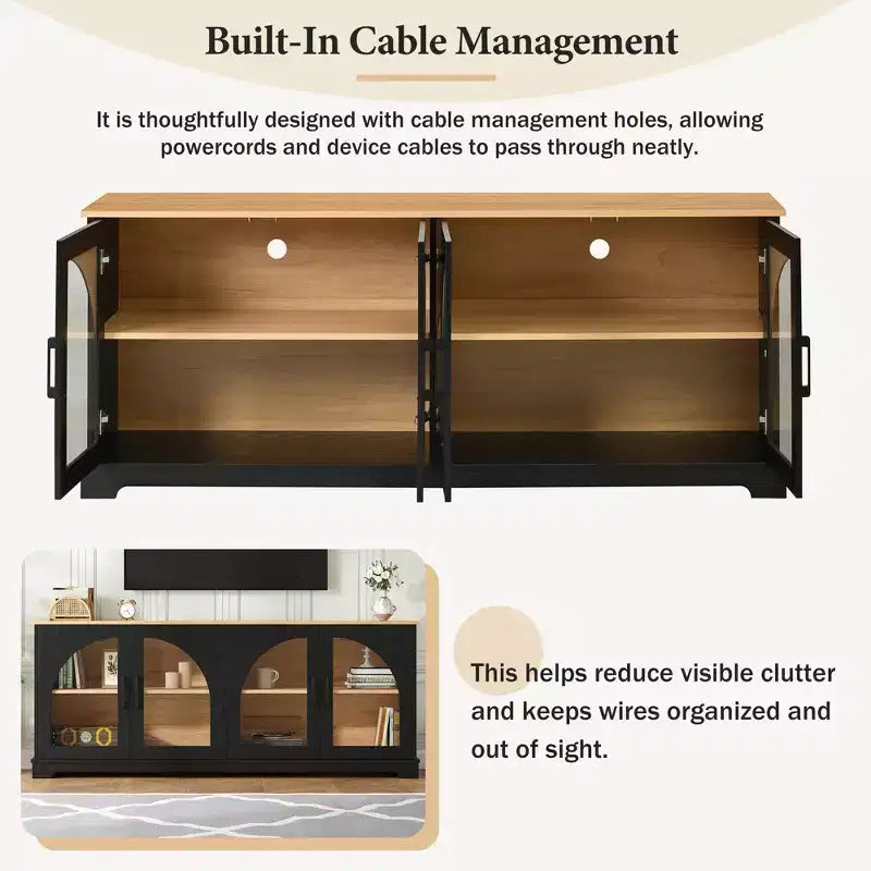 Meuble TV de ferme pour téléviseurs jusqu'à 70 pouces avec portes vitrées semi-cintrées, buffet console multimédia bicolore avec étagères réglables - ModernLuxe