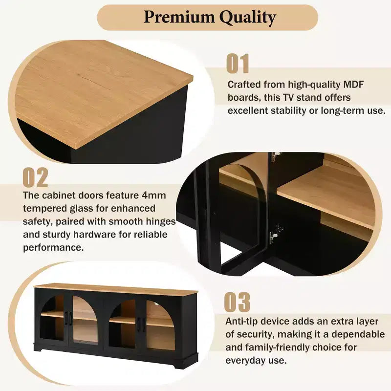 Meuble TV de ferme pour téléviseurs jusqu'à 70 pouces avec portes vitrées semi-cintrées, buffet console multimédia bicolore avec étagères réglables - ModernLuxe