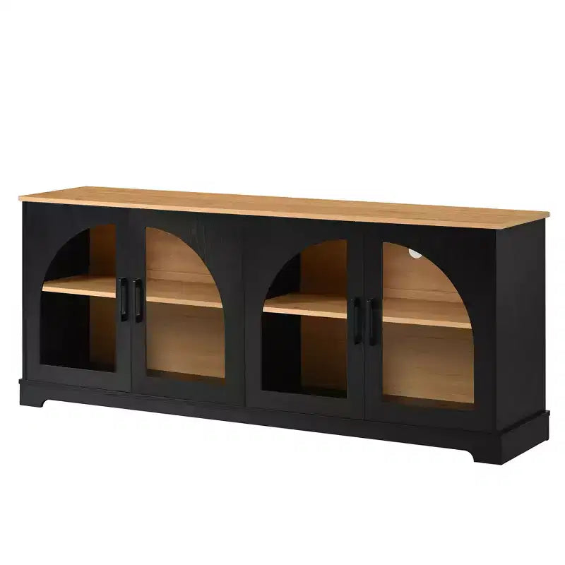 Meuble TV de ferme pour téléviseurs jusqu'à 70 pouces avec portes vitrées semi-cintrées, buffet console multimédia bicolore avec étagères réglables - ModernLuxe