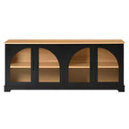 Meuble TV de ferme pour téléviseurs jusqu'à 70 pouces avec portes vitrées semi-cintrées, buffet console multimédia bicolore avec étagères réglables - ModernLuxe
