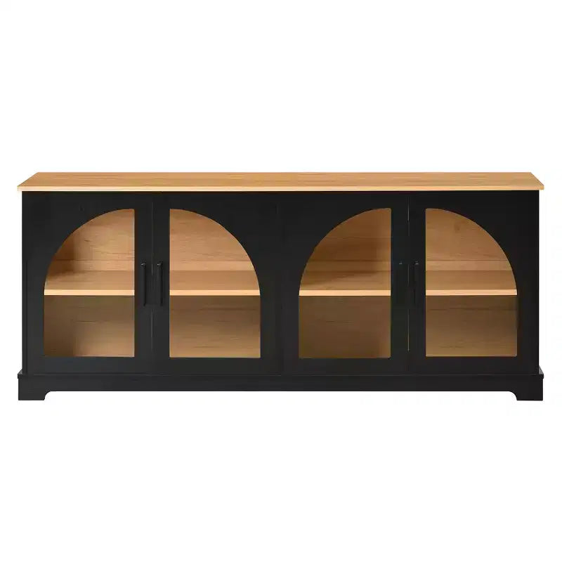 Meuble TV de ferme pour téléviseurs jusqu'à 70 pouces avec portes vitrées semi-cintrées, buffet console multimédia bicolore avec étagères réglables - ModernLuxe
