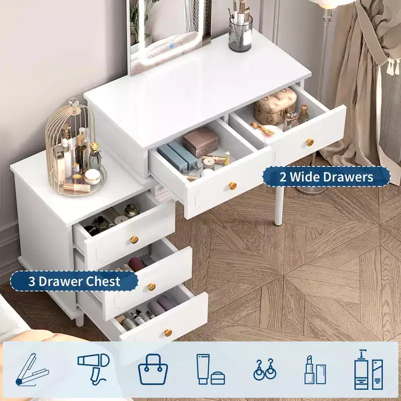 Coiffeuse de Maquillage Coolmee avec Miroir et Lumières, Coiffeuse Blanche Moderne avec 2 Tiroirs et Armoire 3 Tiroirs Réglable, Table de Maquillage en Bois