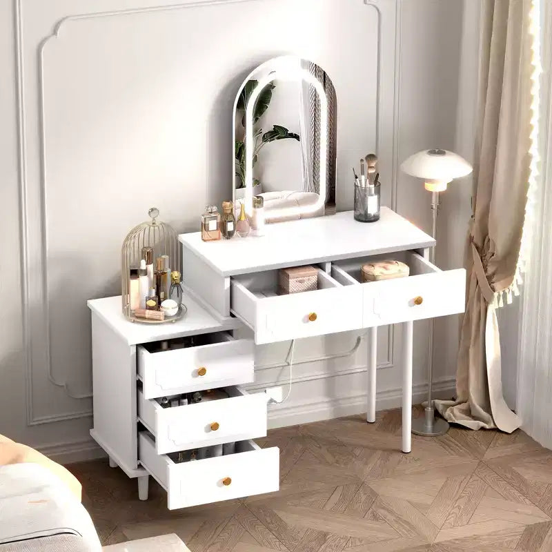 Coiffeuse de Maquillage Coolmee avec Miroir et Lumières, Coiffeuse Blanche Moderne avec 2 Tiroirs et Armoire 3 Tiroirs Réglable, Table de Maquillage en Bois