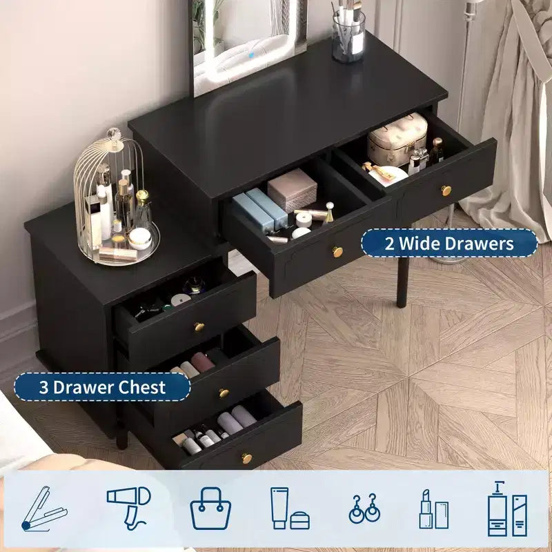 Coiffeuse de Maquillage Coolmee avec Miroir et Lumières, Coiffeuse Blanche Moderne avec 2 Tiroirs et Armoire 3 Tiroirs Réglable, Table de Maquillage en Bois