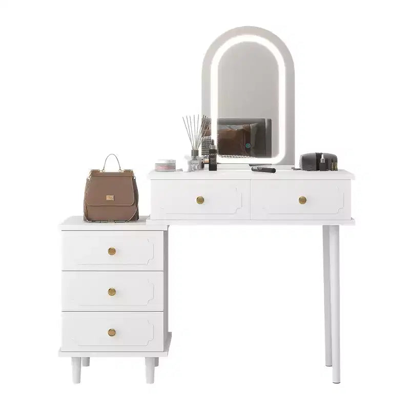 Coiffeuse de Maquillage Coolmee avec Miroir et Lumières, Coiffeuse Blanche Moderne avec 2 Tiroirs et Armoire 3 Tiroirs Réglable, Table de Maquillage en Bois