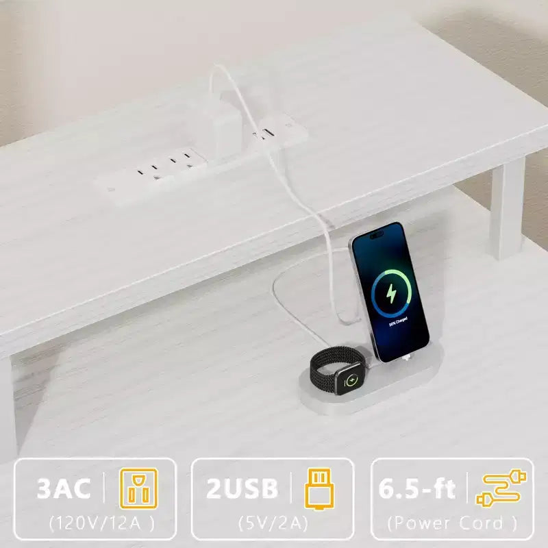 Bureau d'ordinateur blanc de 55 pouces avec station de charge, bureau de jeu réversible, lumières LED, tiroirs en tissu, table d'écriture pour bureau à domicile, chambre à coucher, rangement d'étude